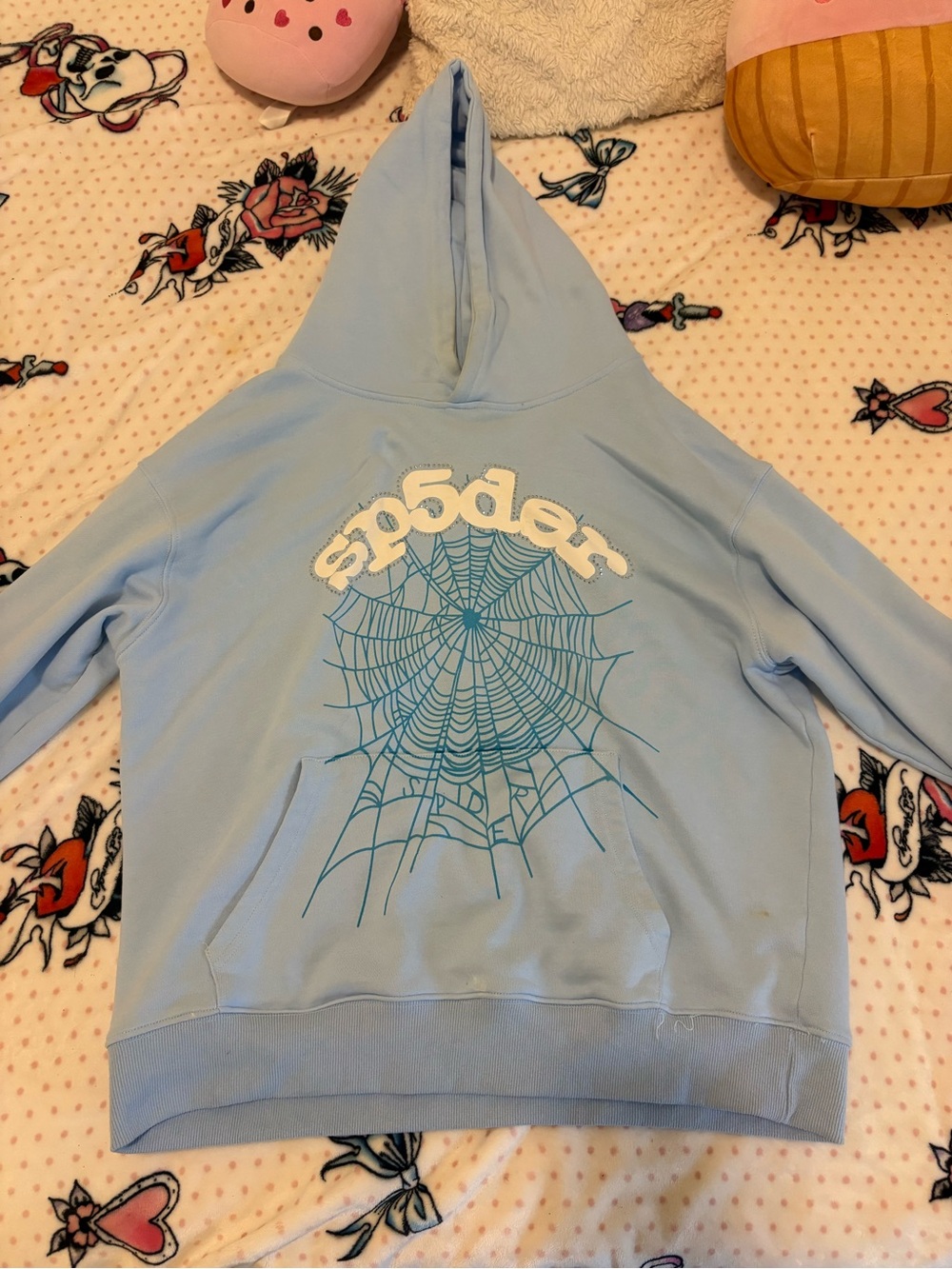 Light Blue Spider Web Graphic Hoodie Sweatshirt